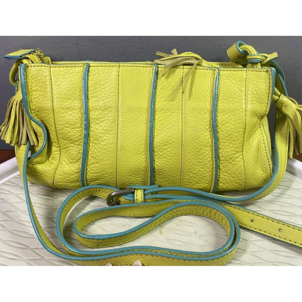 Donald J Pliner Women's Leather Yellow&Turquoise Crossbody Clutch Purse 9x4x2"